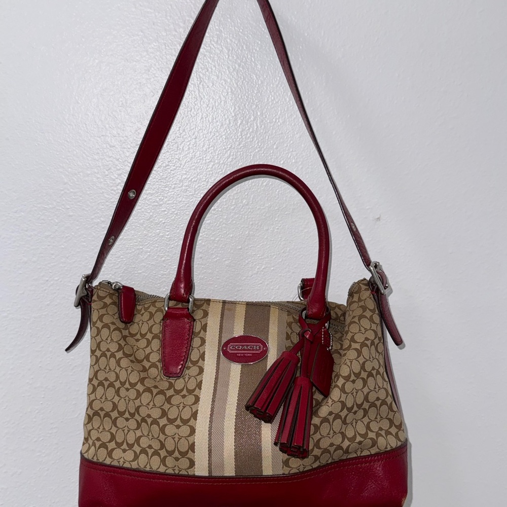 Coach Red and Tan Signature Shoulder Bag